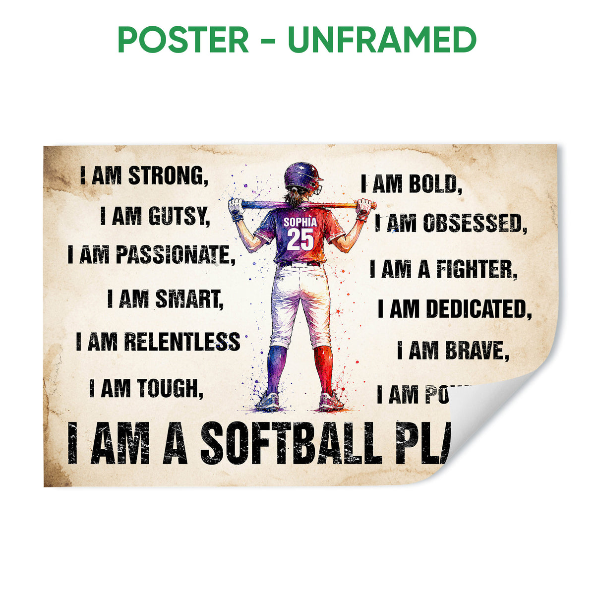 Unframed softball poster featuring a batter illustration, motivational typography, and distressed vintage styling