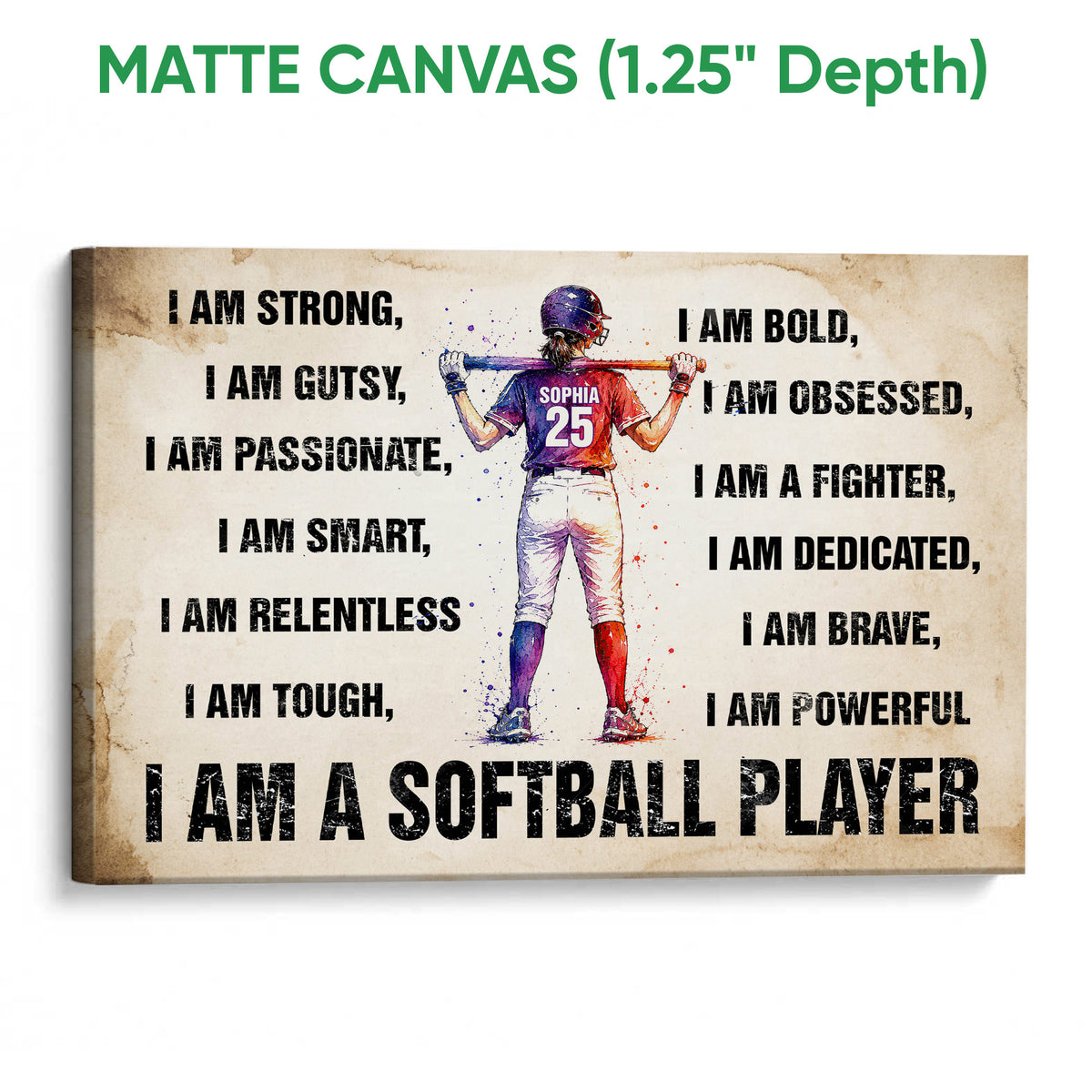 Matte canvas softball wall art with a batter illustration, bold motivational typography, and gallery-style presentation