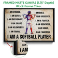 Black framed canvas softball wall art with a close-up view of the textured artwork and frame edge