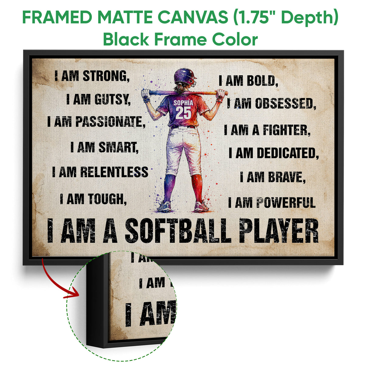 Black framed canvas softball wall art with a close-up view of the textured artwork and frame edge
