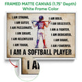 White framed canvas softball wall art showing a motivational player design and detailed canvas texture