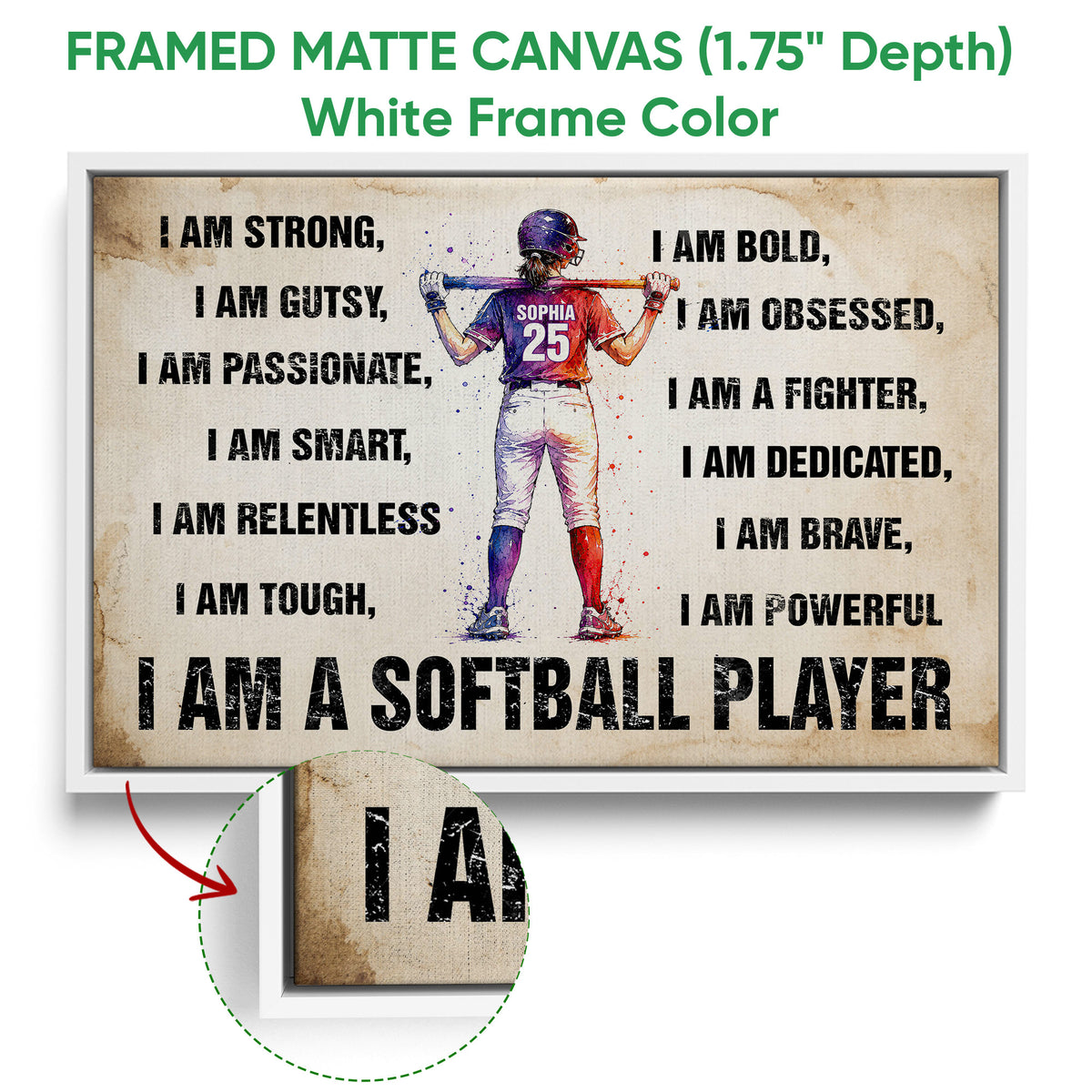 White framed canvas softball wall art showing a motivational player design and detailed canvas texture