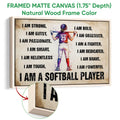 Natural wood framed softball wall art featuring a batter illustration and close-up wood frame detail