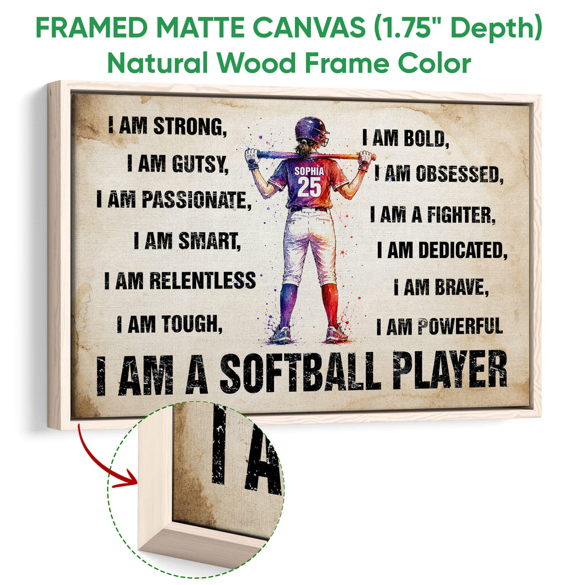 Natural wood framed softball wall art featuring a batter illustration and close-up wood frame detail