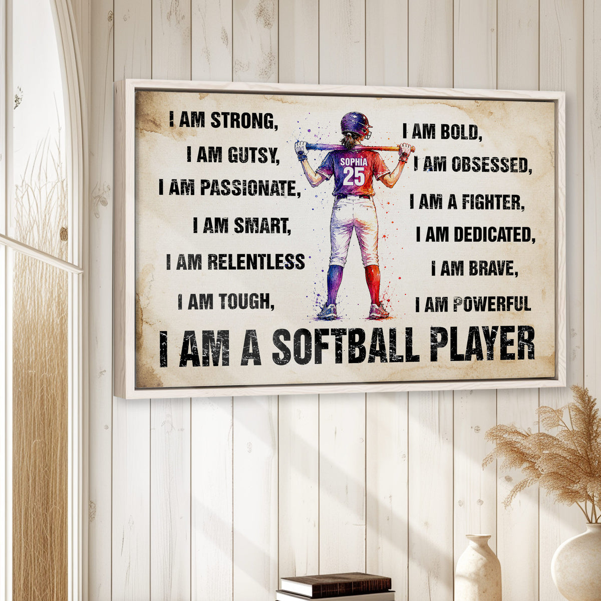 Softball motivational wall art displayed on a light wood-paneled wall in a bright home interior