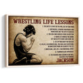 Framed wrestling wall art with a sepia-toned athlete and motivational wrestling lessons
