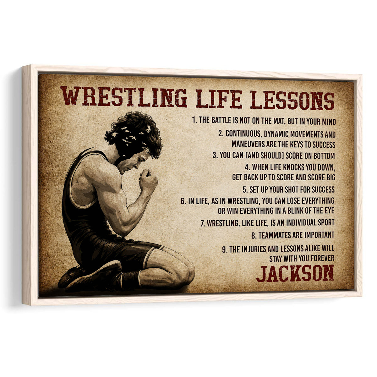 Framed wrestling wall art with a sepia-toned athlete and motivational wrestling lessons