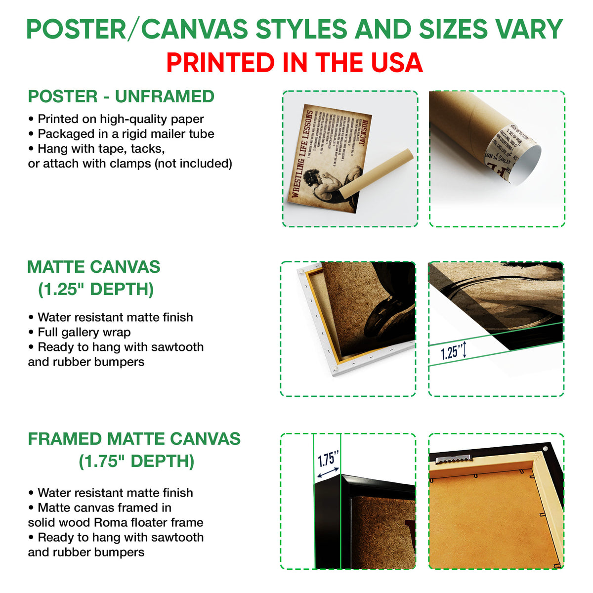 Poster and canvas wall art format guide showing unframed poster, canvas, and framed canvas options