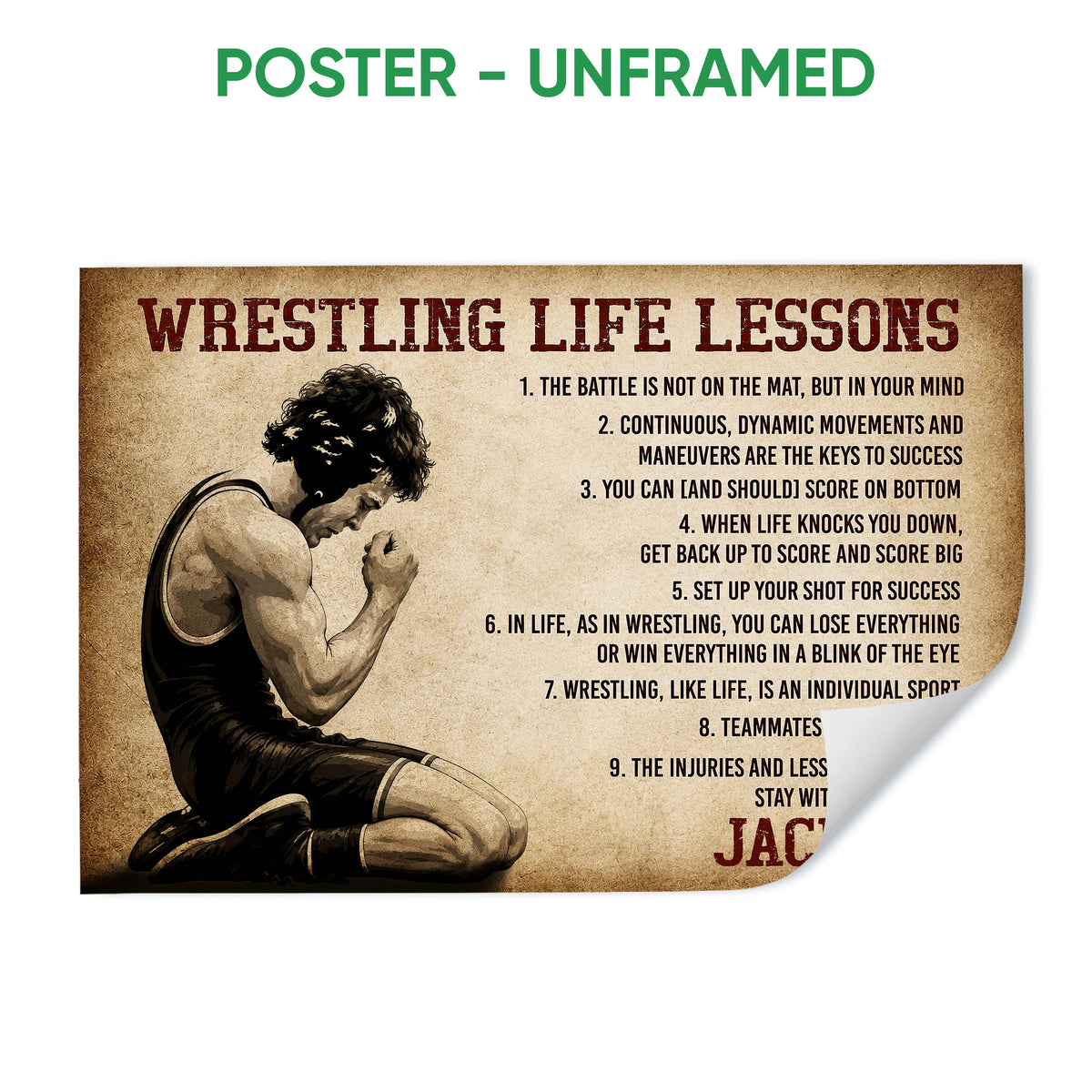 Unframed wrestling poster featuring a sepia-toned wrestler and motivational life lessons