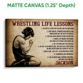 Matte canvas wrestling wall art with a textured sepia design and illustrated wrestler