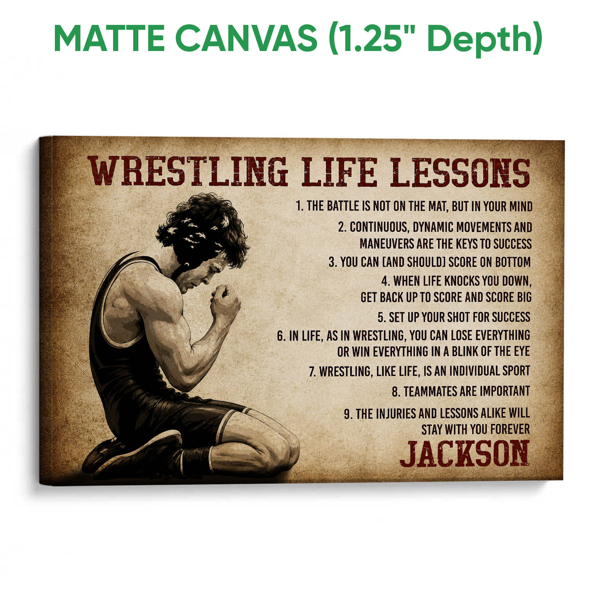 Matte canvas wrestling wall art with a textured sepia design and illustrated wrestler