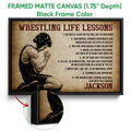 Framed wrestling canvas wall art shown with a black frame and close-up frame detail
