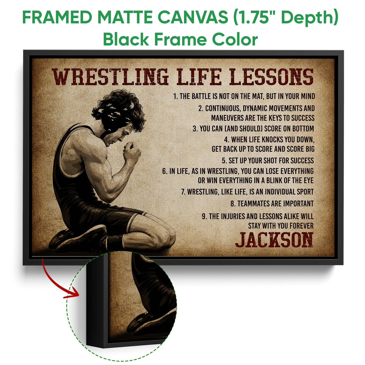 Framed wrestling canvas wall art shown with a black frame and close-up frame detail