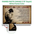 Framed wrestling canvas wall art shown with a white frame and close-up frame detail