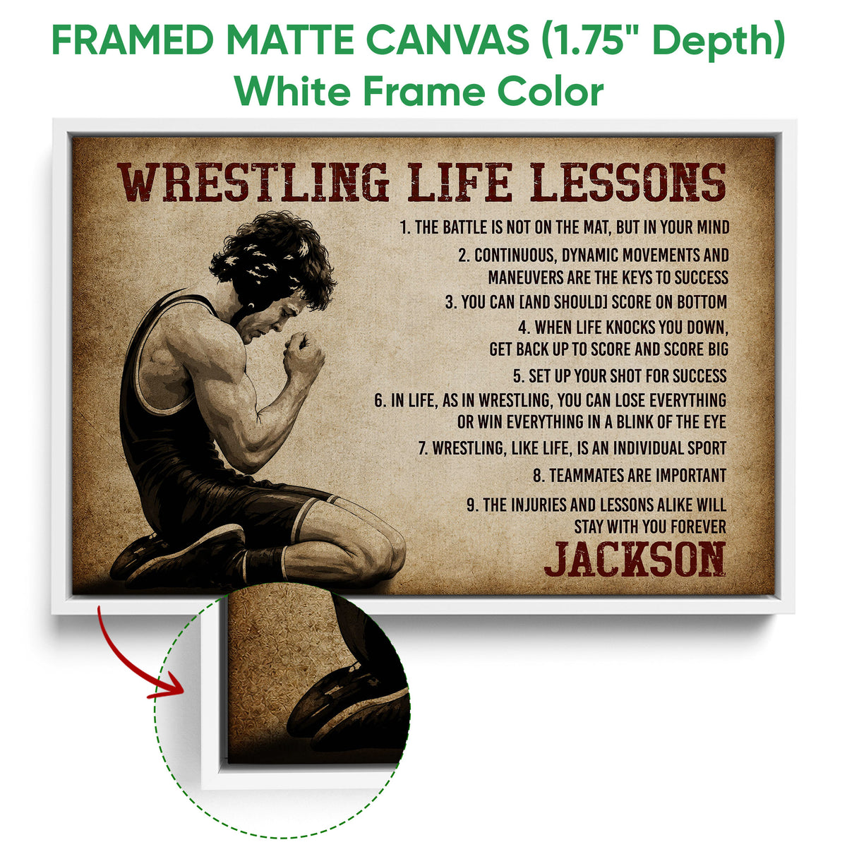 Framed wrestling canvas wall art shown with a white frame and close-up frame detail