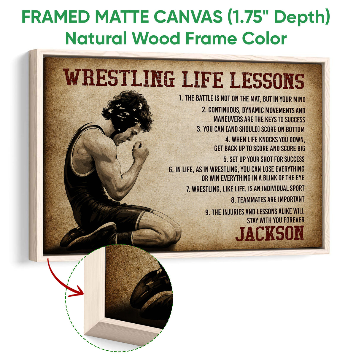 Framed wrestling canvas wall art shown with a natural wood frame and close-up detail
