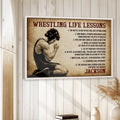 Wrestling wall art displayed in a bright room with white wood walls and natural decor
