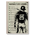 Framed baseball wall art featuring a batter, motivational life lessons, and a distressed black and cream design