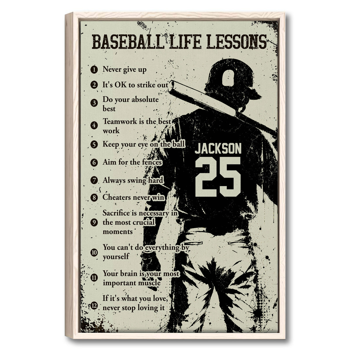 Framed baseball wall art featuring a batter, motivational life lessons, and a distressed black and cream design