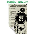 Unframed baseball poster with a batter silhouette, numbered life lessons, and distressed vintage-inspired artwork