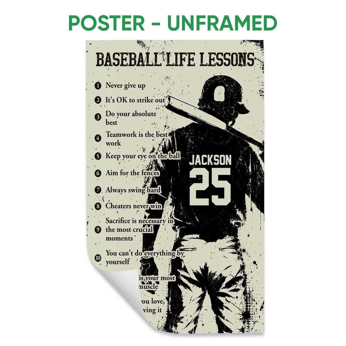 Unframed baseball poster with a batter silhouette, numbered life lessons, and distressed vintage-inspired artwork