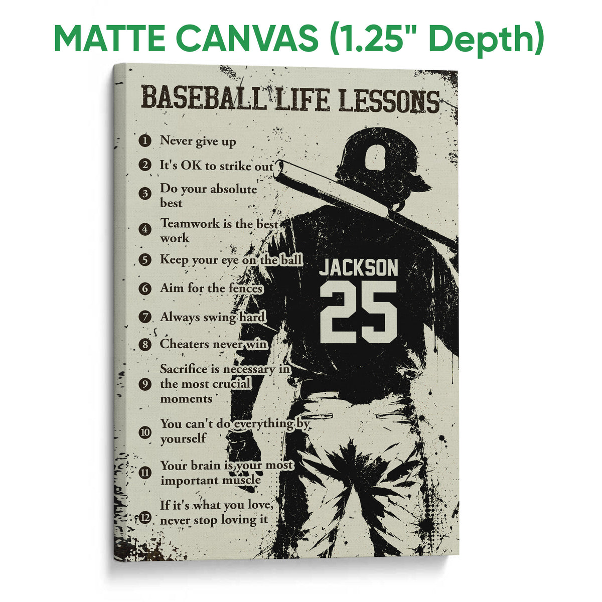 Matte canvas baseball wall art showing a batter, motivational sayings, and a textured black and cream design