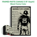 Framed matte canvas baseball wall art shown with a black frame and close-up of the artwork edge