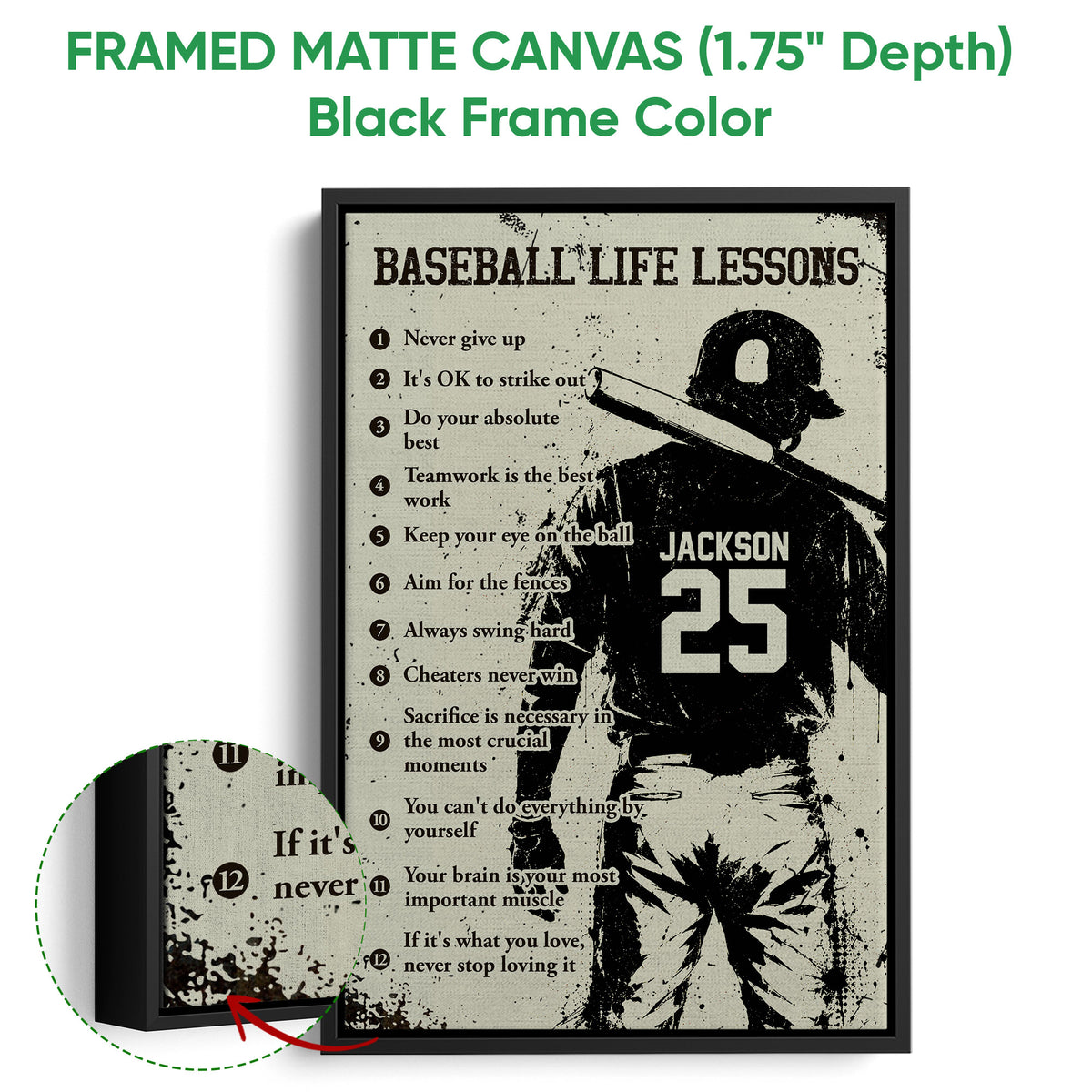 Framed matte canvas baseball wall art shown with a black frame and close-up of the artwork edge