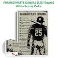 Framed matte canvas baseball wall art shown with a white frame and close-up of the canvas edge
