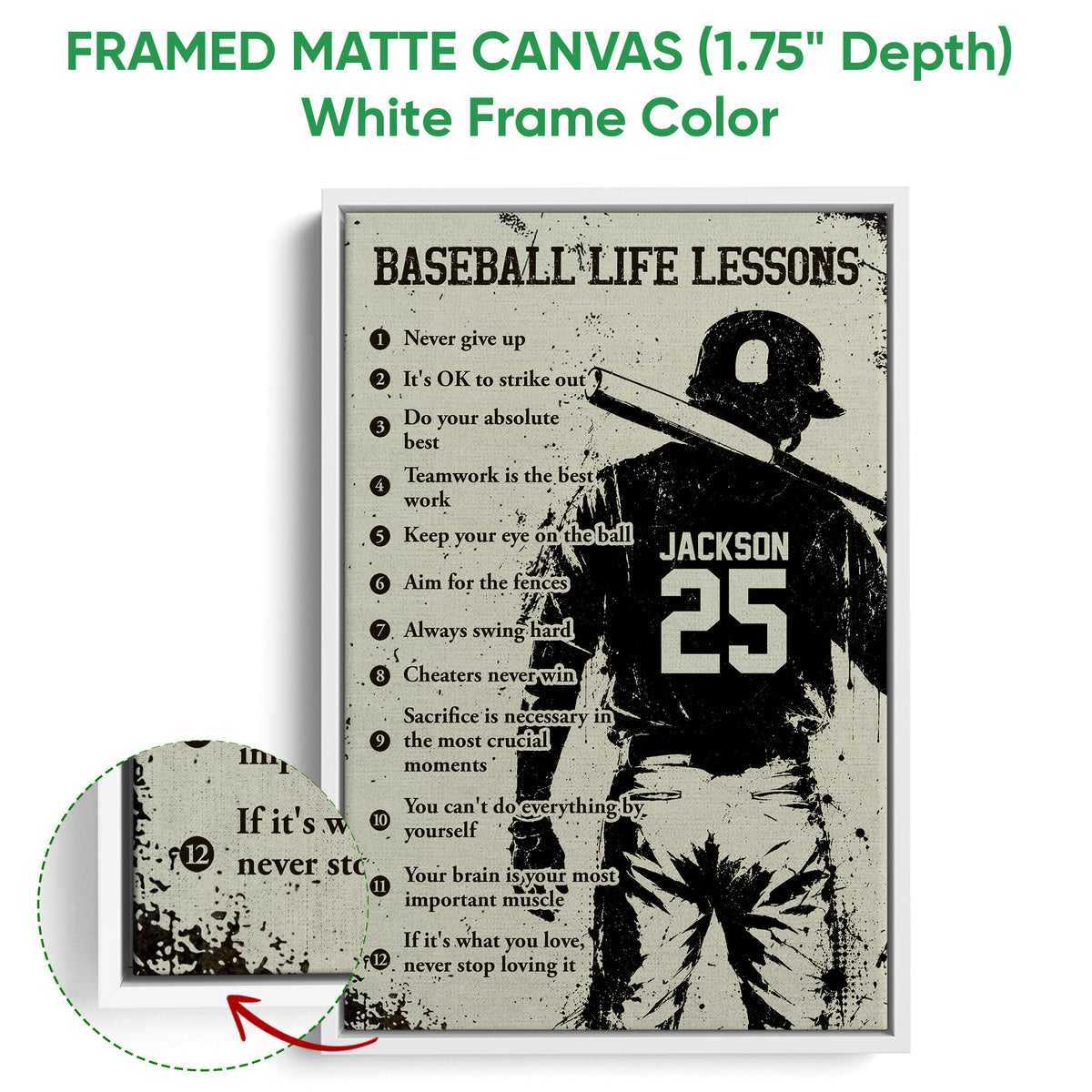 Framed matte canvas baseball wall art shown with a white frame and close-up of the canvas edge