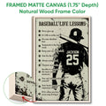 Framed matte canvas baseball wall art shown with a natural wood frame and close-up edge detail