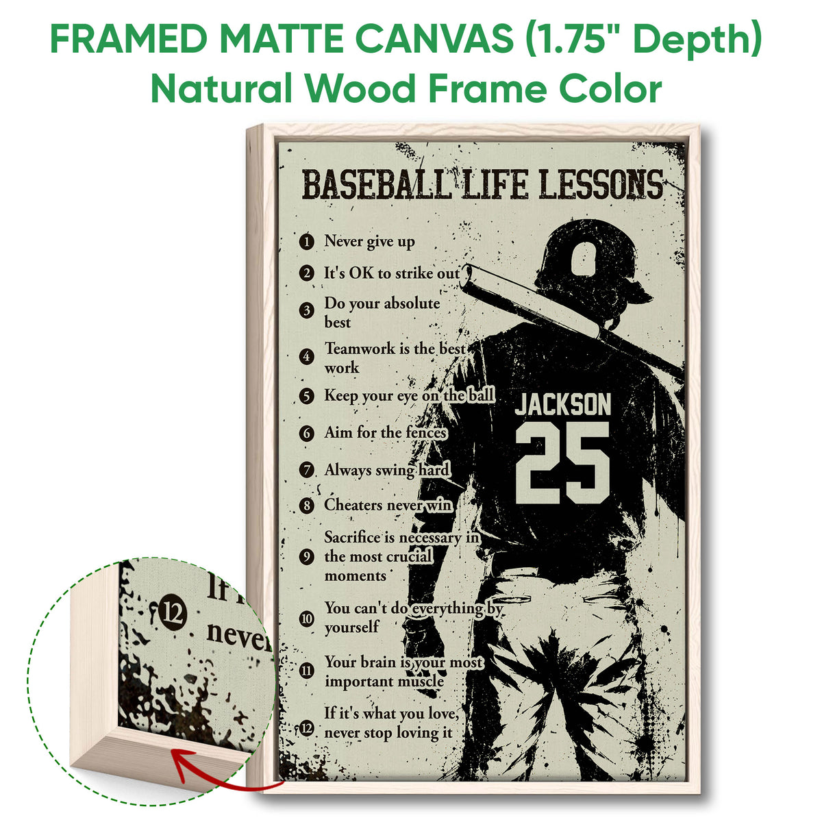 Framed matte canvas baseball wall art shown with a natural wood frame and close-up edge detail