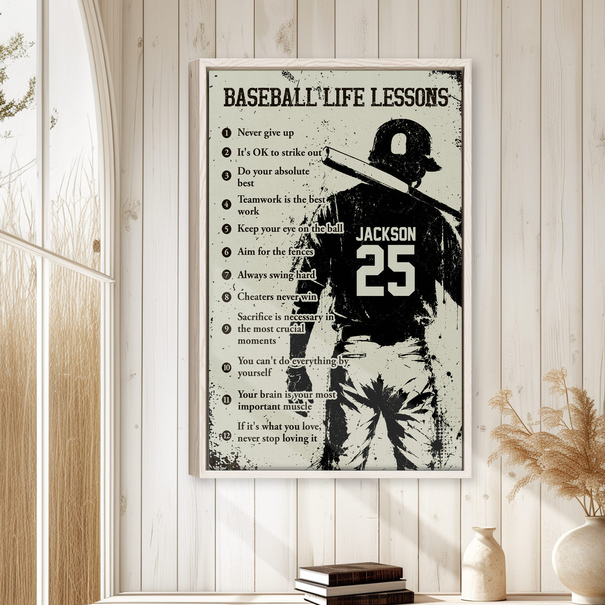 Baseball wall art displayed in a bright room with white paneled walls and natural wood decor