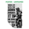 Unframed motocross poster featuring a helmeted dirt bike rider and bold black typography