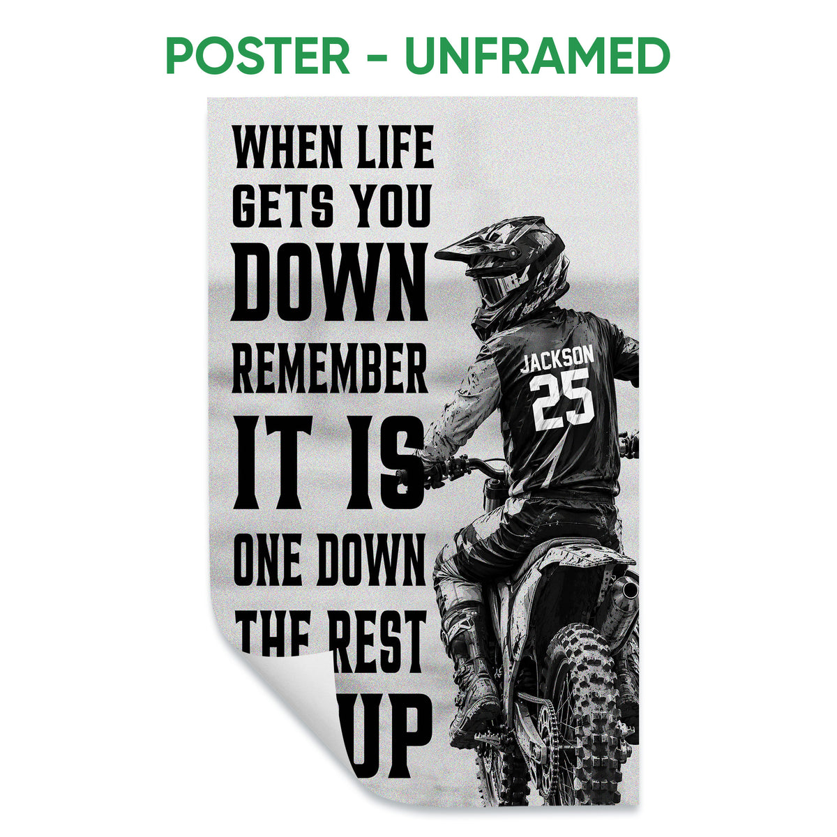 Unframed motocross poster featuring a helmeted dirt bike rider and bold black typography