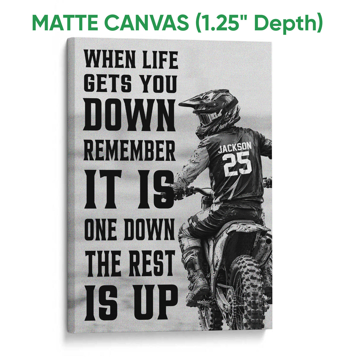 Matte canvas wall art featuring a motocross rider, dirt bike, and high-contrast motivational design