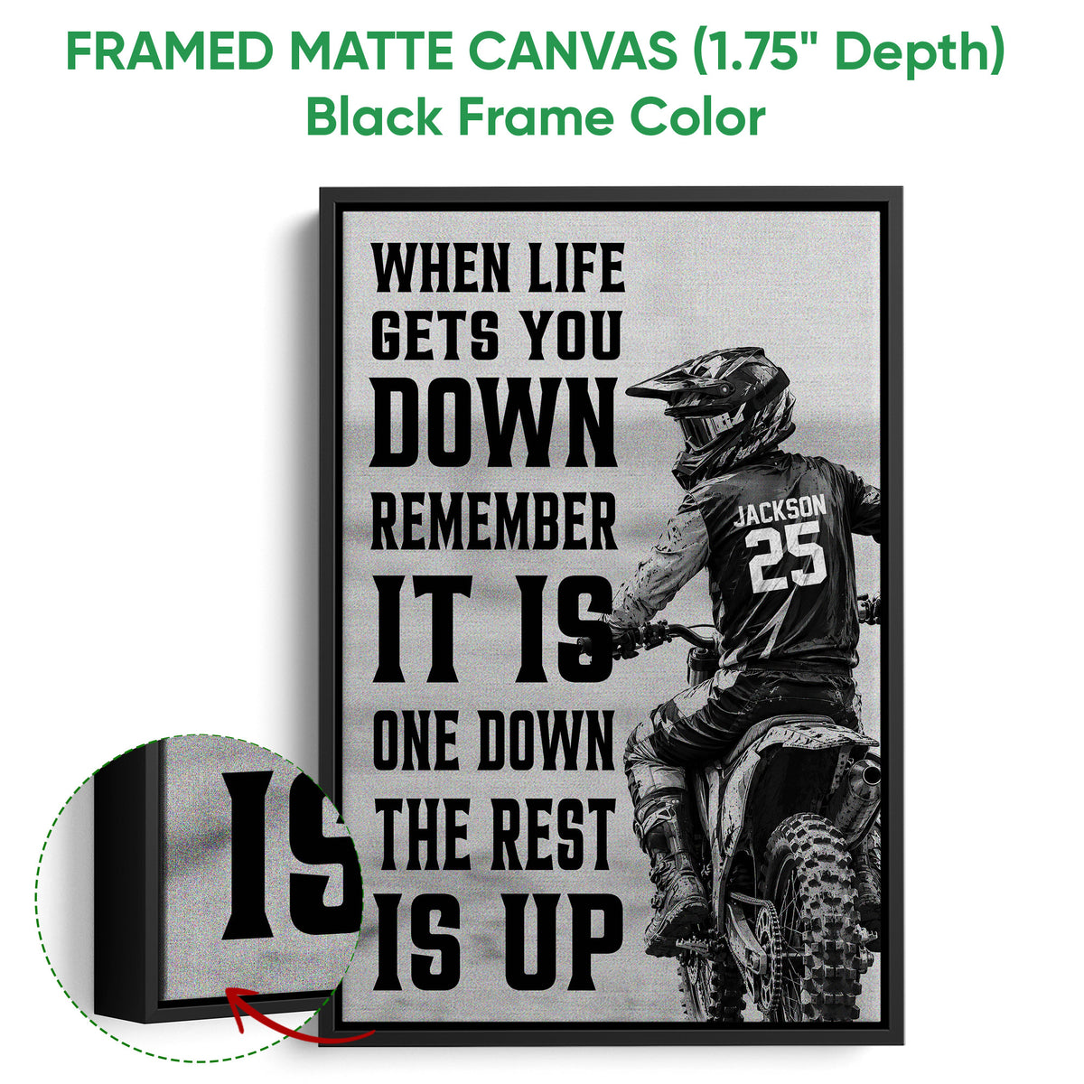 Framed matte canvas motocross wall art shown with a black frame and rider illustration