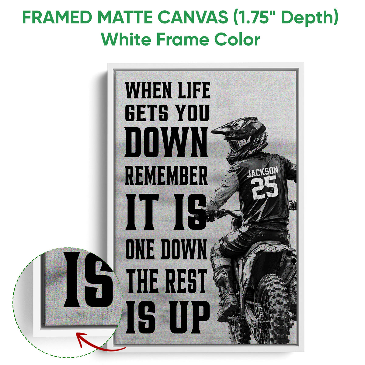 Framed matte canvas motocross wall art shown with a white frame and bold rider design