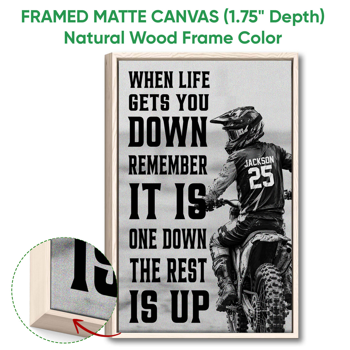 Framed matte canvas motocross wall art shown with a natural wood frame and dirt bike rider