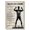 Framed soccer life lessons wall art featuring a player silhouette, soccer ball, and motivational text