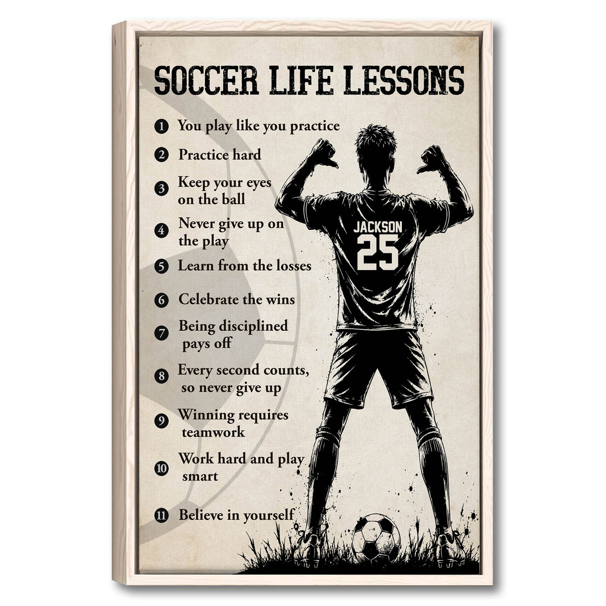 Framed soccer life lessons wall art featuring a player silhouette, soccer ball, and motivational text
