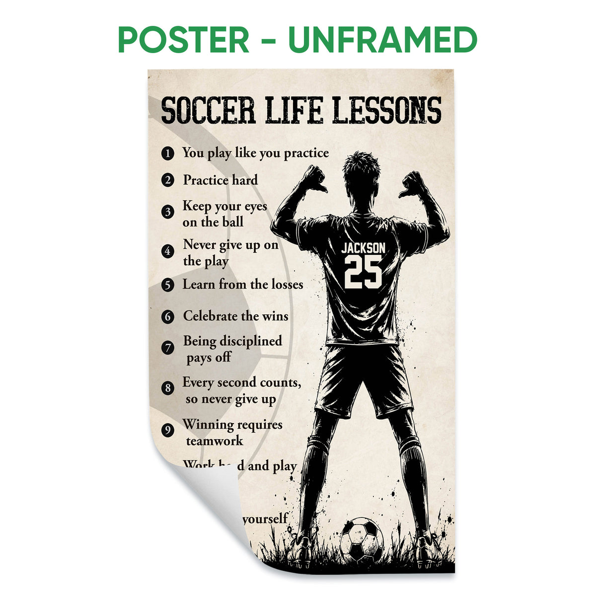 Unframed soccer poster with motivational life lessons, a player silhouette, and soccer ball artwork