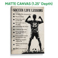 Matte canvas soccer wall art featuring a player silhouette, motivational lessons, and a soccer ball