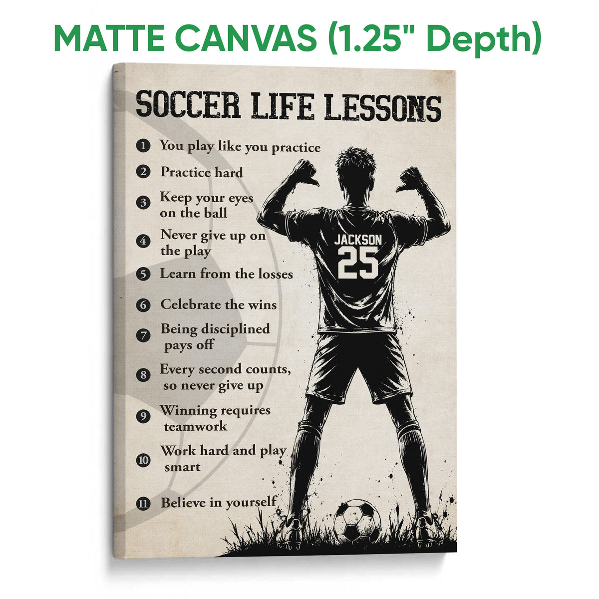 Matte canvas soccer wall art featuring a player silhouette, motivational lessons, and a soccer ball