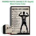 Black framed soccer canvas wall art with motivational lessons and a detailed player illustration
