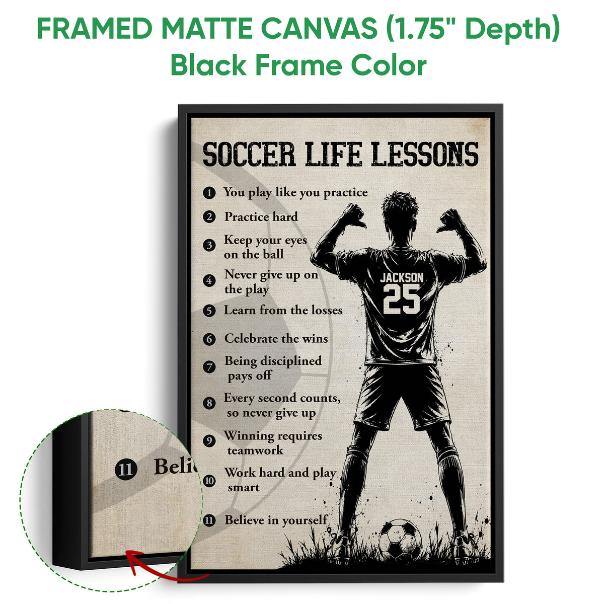Black framed soccer canvas wall art with motivational lessons and a detailed player illustration