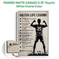 White framed soccer canvas wall art featuring a motivational lesson design and soccer player silhouette