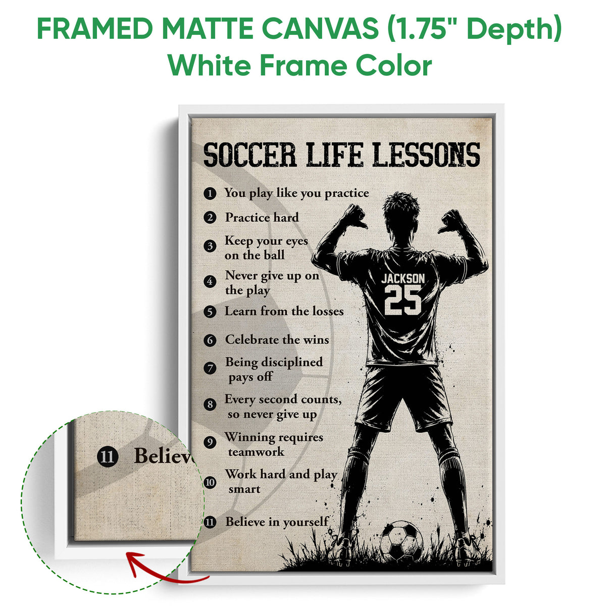 White framed soccer canvas wall art featuring a motivational lesson design and soccer player silhouette
