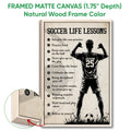 Natural wood framed soccer wall art with a player silhouette, soccer ball, and motivational text