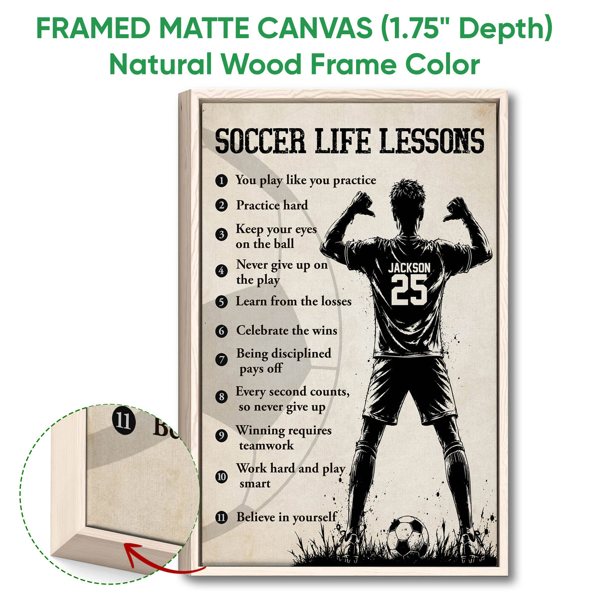 Natural wood framed soccer wall art with a player silhouette, soccer ball, and motivational text